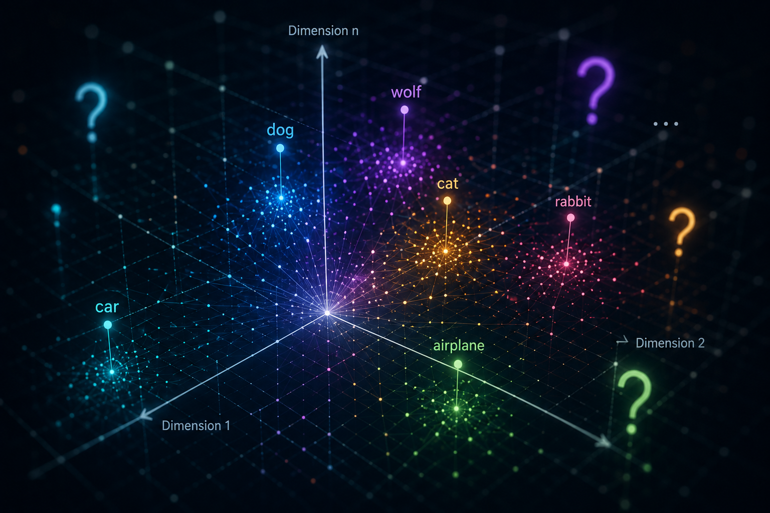 Words plotted as glowing clusters in a 3D embedding space — dog beside wolf, cat beside rabbit, car beside airplane — along axes labelled Dimension 1, Dimension 2 and Dimension n.